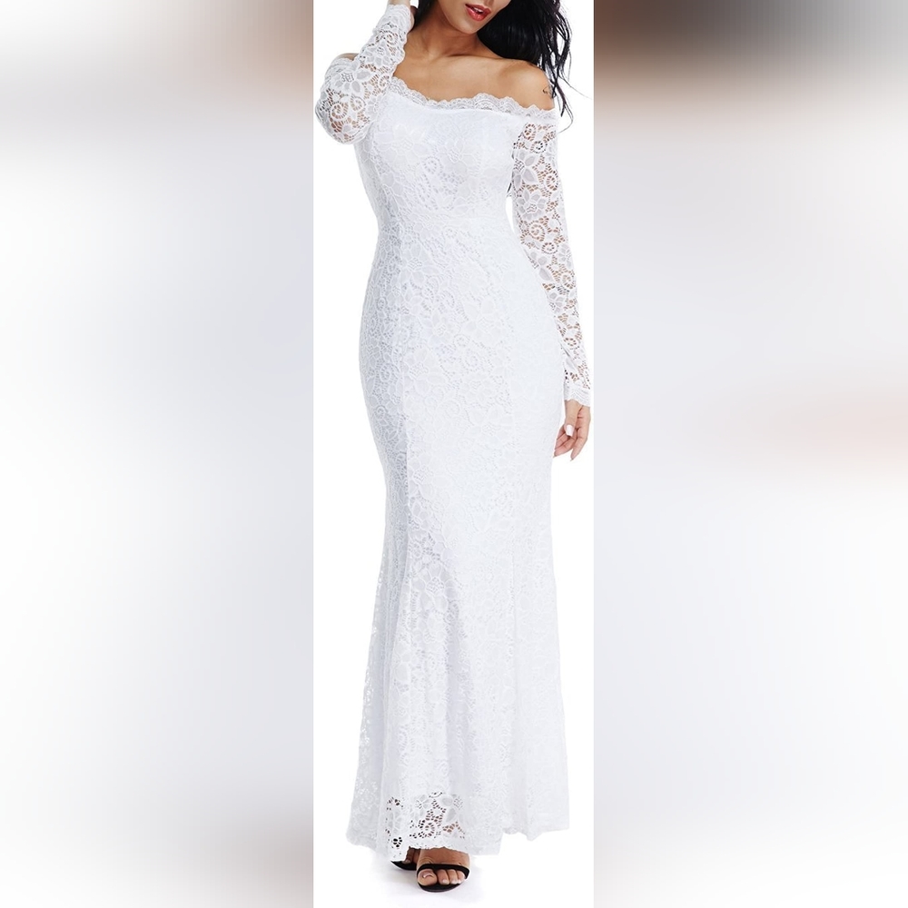 LALAGEN floral lace long sleeve off shoulder wedding mermaid dress, white
